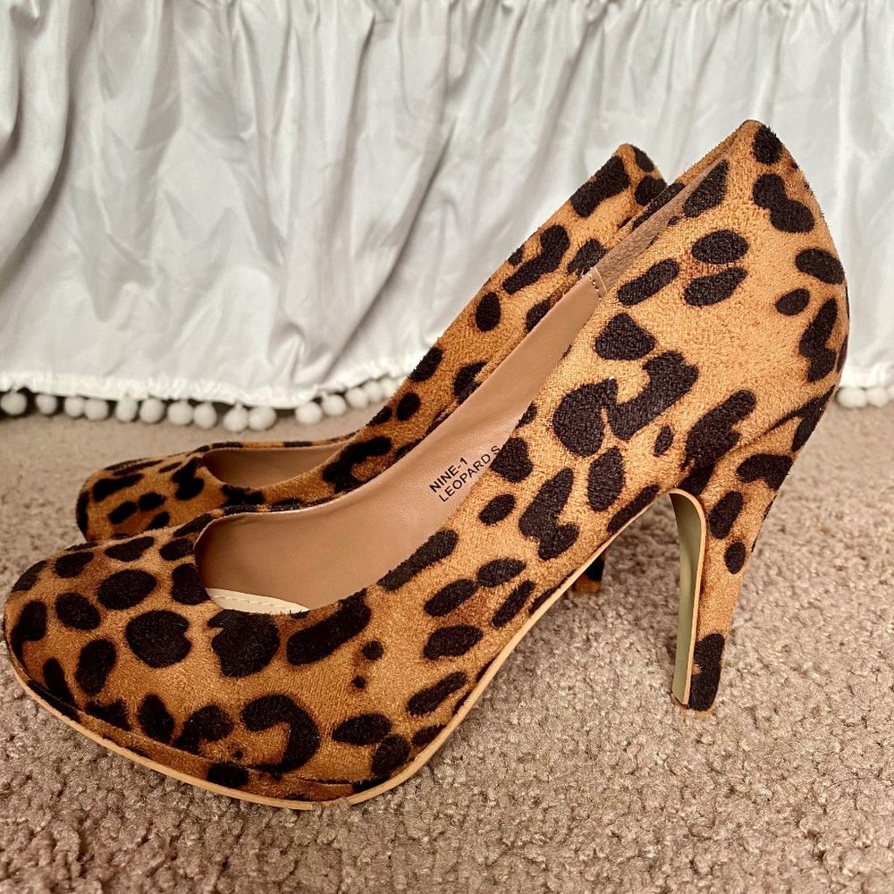 Leopard Print Faux Suede Round Toe Heels